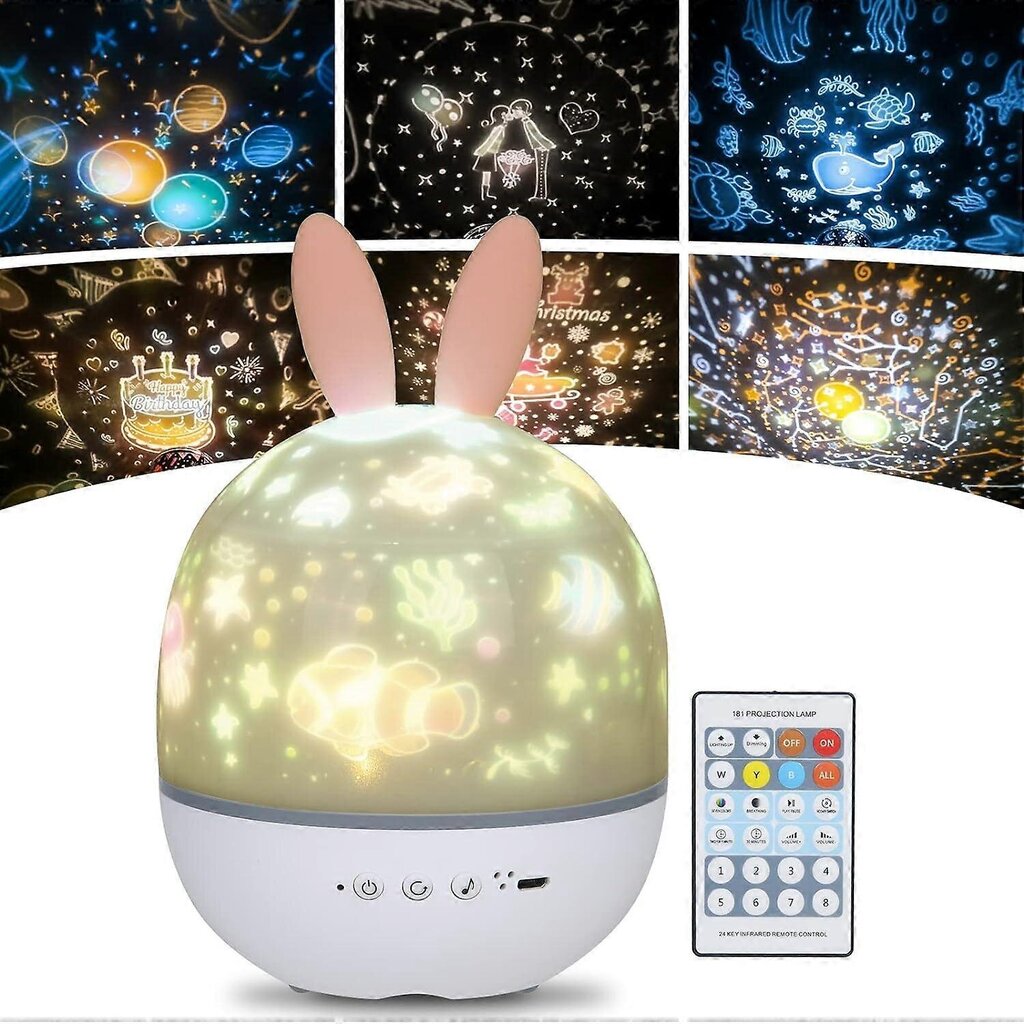 Starry Sky Projector 360 Kääntyvä LED-musiikkiyövalo, jossa 6 projektioarkkia Torkkuvalot ja ajastin kaukosäätimellä hinta ja tiedot | Lastenhuoneen valaisimet | hobbyhall.fi