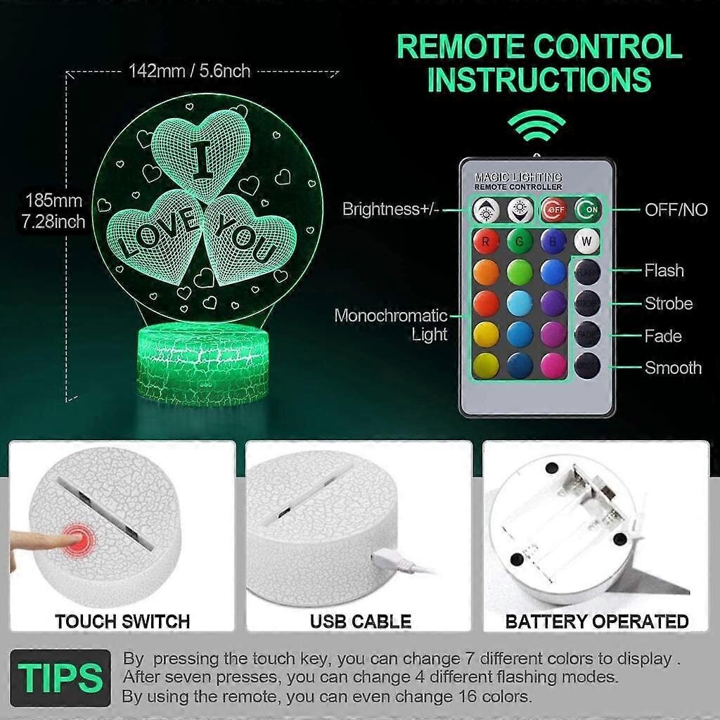 3D illuusiolamput LED 7 väriä vaihtuva yövalon kosketuskytkin makuuhuoneen sisustukseen Häät Syntymäpäivä Joulu Ystävänpäivä Lahja Romanttinen tunnelma hinta ja tiedot | Lastenhuoneen valaisimet | hobbyhall.fi