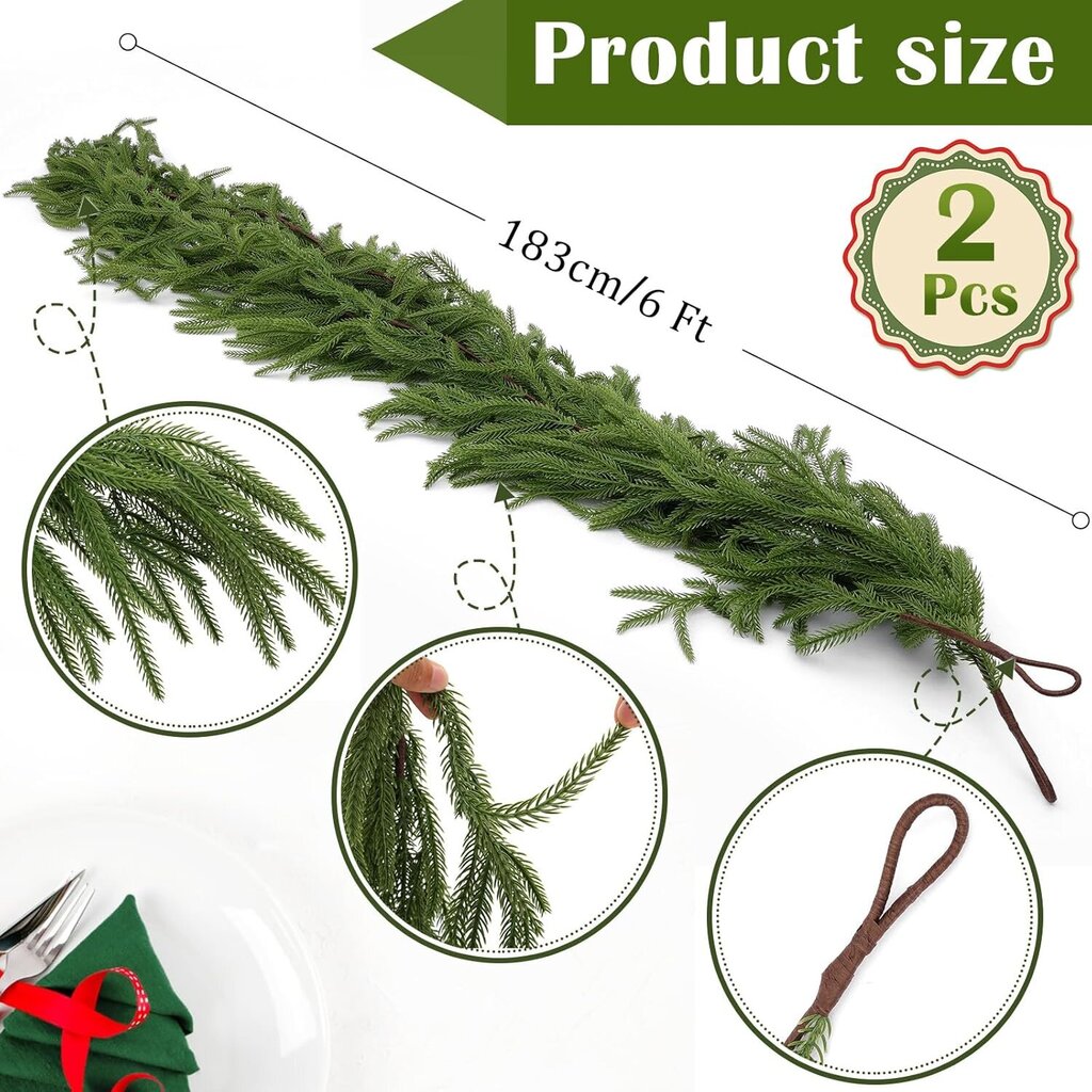 Keinotekoiset Norfolkin mäntyseppeleet, Real Touch Winter Pine Garland, Green Artificial Greenery Garland (6 FT) hinta ja tiedot | Joulukoristeet | hobbyhall.fi