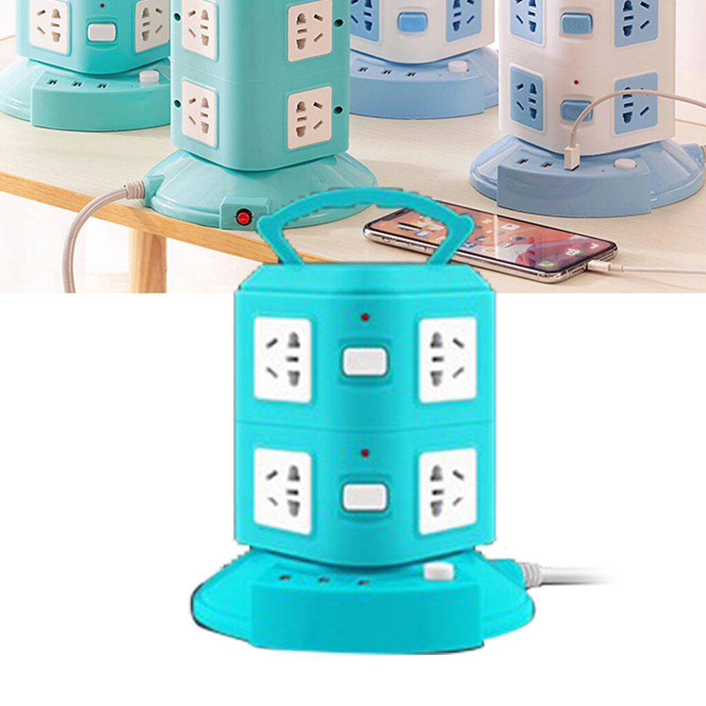 Power Strip Tower -tyyppinen monitoimipistorasia Pistorasia Ylikuormitussuoja Kannettava virtapistoke USB-portilla 220V 10A Peacock Green 2 Layer hinta ja tiedot | Muuntimet ja invertterit | hobbyhall.fi