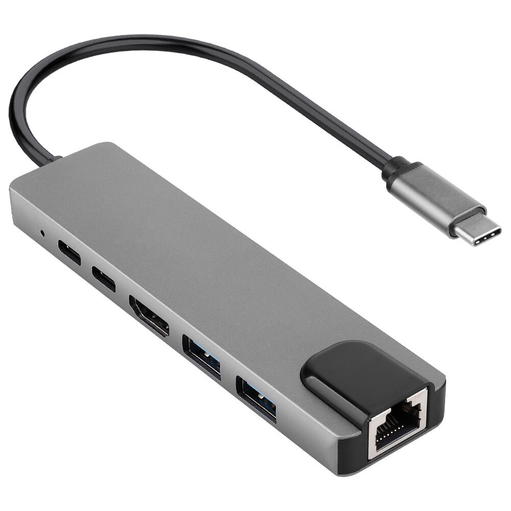 USB C Hub 6 in 1 4K 30Hz HD Multimedia Interface USB3.0 PD Lataus RJ45 Type C Multiport Adapter Harmaa hinta ja tiedot | Kannettavien tietokoneiden lisätarvikkeet | hobbyhall.fi