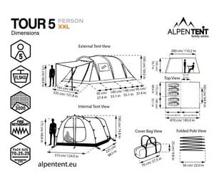 Teltta AlpenTent Tour 5 XXL, vihreä hinta ja tiedot | Teltat | hobbyhall.fi