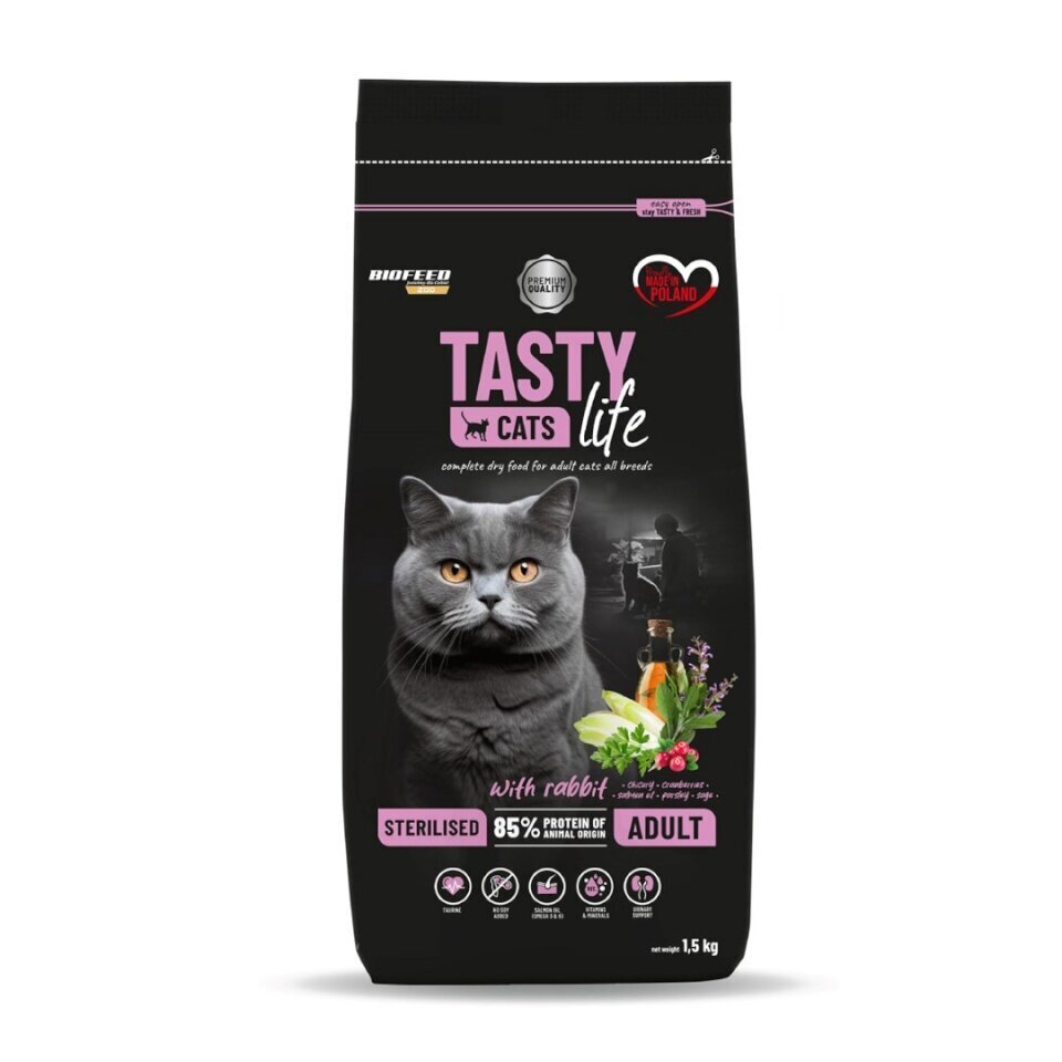 Biofeed Tasty Cats Life Steriloitu kuivaruoka steriloiduille kissoille kanin kanssa, 1,5 kg hinta ja tiedot | Kissan kuivaruoka | hobbyhall.fi