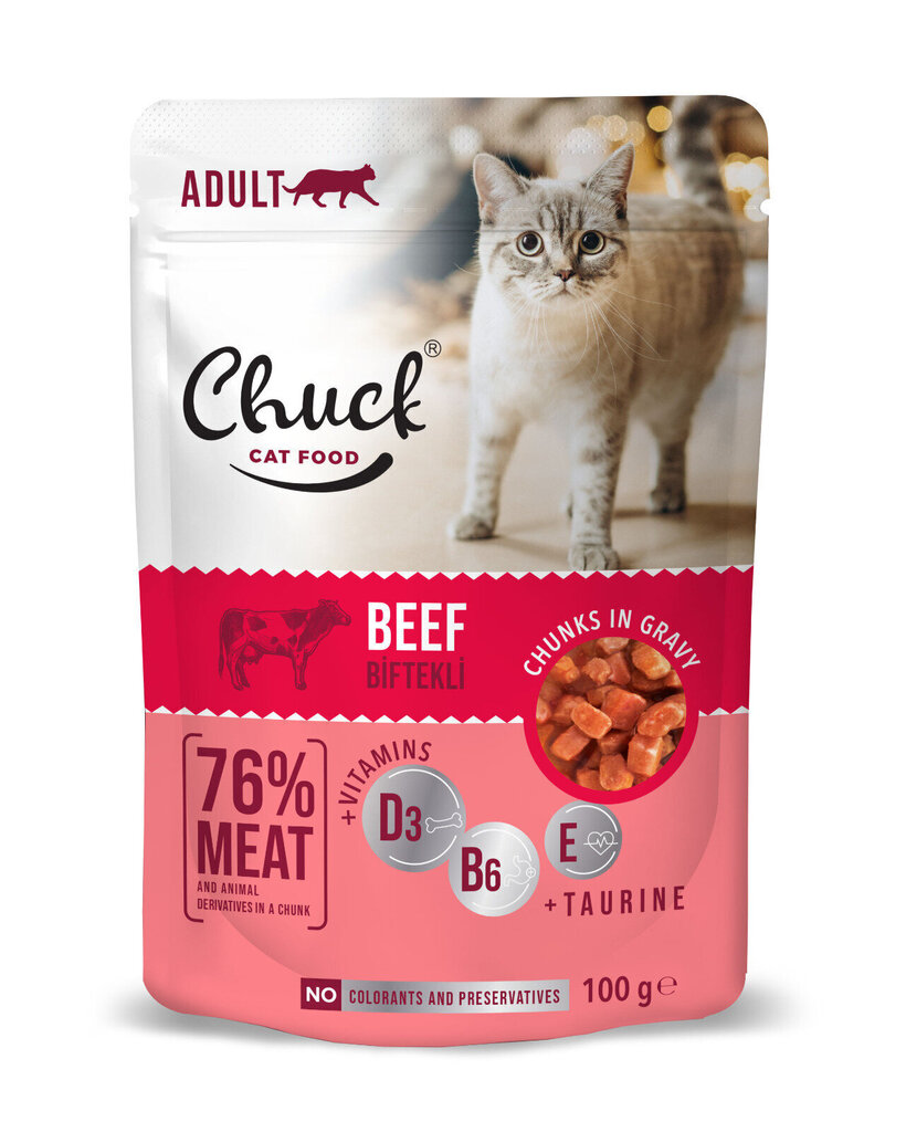 Säilykkeet aikuisille kissoille, naudanlihalla miedossa kastikkeessa Chuck Pouch Adult with Beef, 100 g x 24 kpl hinta ja tiedot | Kissanruoka | hobbyhall.fi