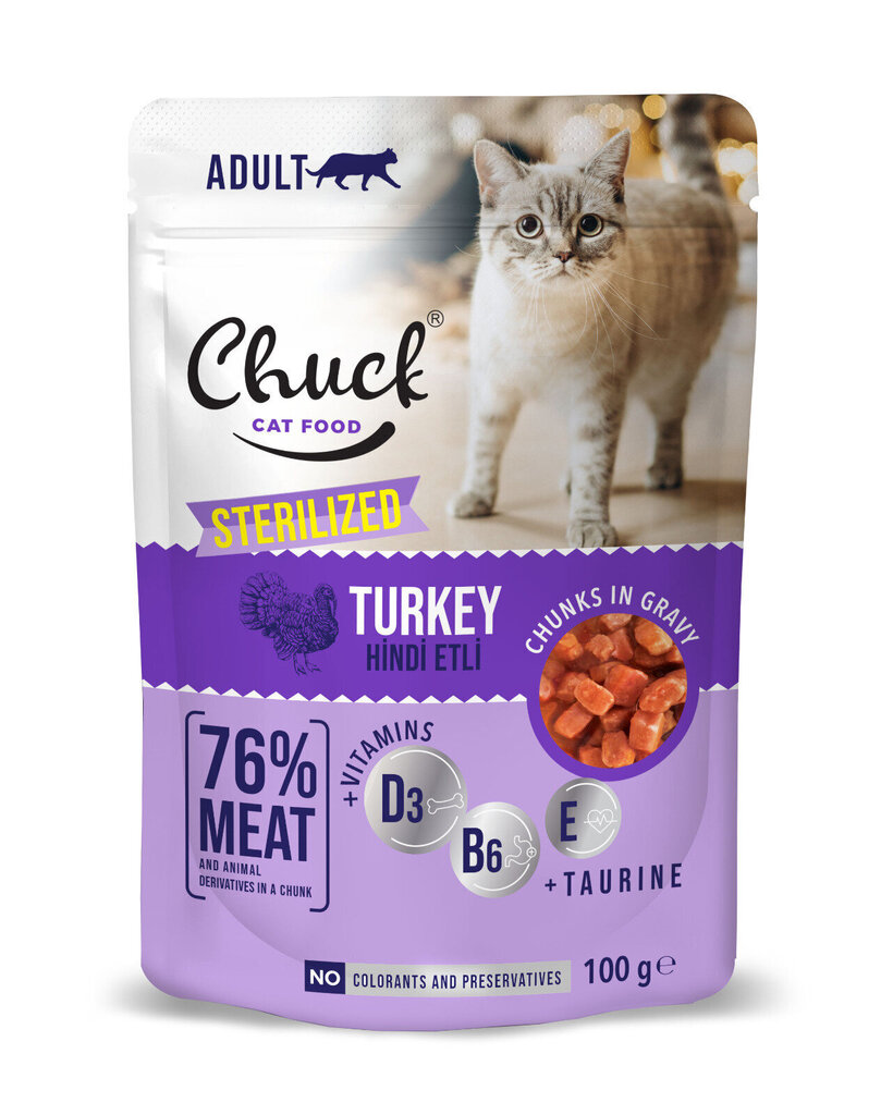 Säilykkeet steriloiduille kissoille, kalkkunalla Chuck Pouch Adult Sterelized with Turkey, 100 g x 24 kpl hinta ja tiedot | Kissanruoka | hobbyhall.fi