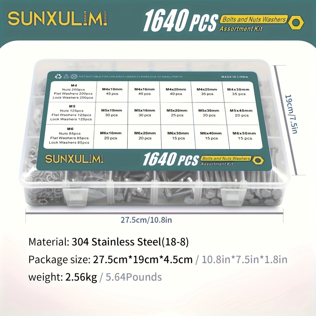 720kpl 1640kpl M4 M5 M6 Pultit ja Mutterit Lajitelma 304 Ruostumaton Ter&#xE4;s Hex Ruuvit Mutterit ja Prikat, Mukana 15 Kokoa hinta ja tiedot | Kiinnitystarvikkeet | hobbyhall.fi