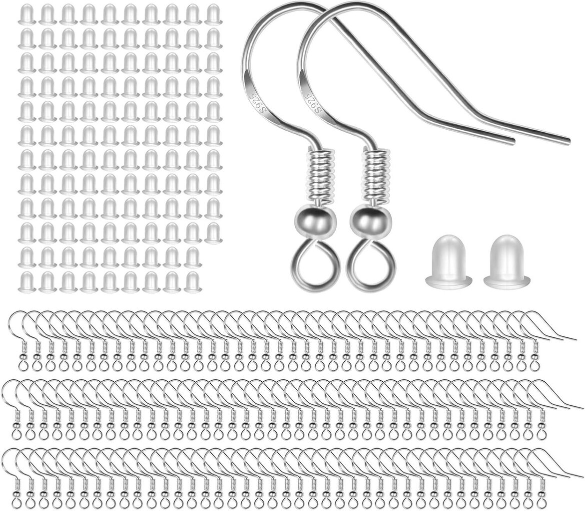 925 Sterling hopea korvakorukoukut 120 kpl/60 paria, korvalangat kalakoukut, hypoallergeeniset korulöydöt osat 120 kpl kirkkaalla silikonikorvakorulla B hinta ja tiedot | Miesten korut | hobbyhall.fi