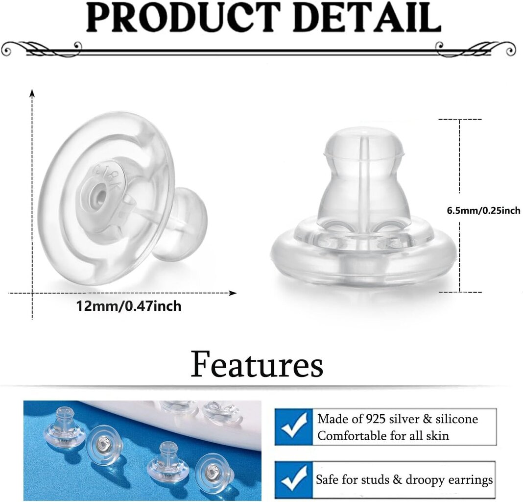 Korvakorujen selkänojat, hopeanväriset silikonilukot, turvalliset korvakorujen selkänastat, hypoallergeeniset silikonikorvakorujen selkänojat Korvakkeet nappeille/roopille korville, No-I hinta ja tiedot | Miesten korut | hobbyhall.fi
