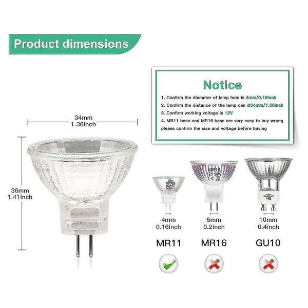 Mr11 halogeenipolttimot (12 kpl), Gu4 halogeenipolttimo 12v 20w, Mr11 Gu4 himmennettävä polttimo kattovalaistukseen hinta ja tiedot | Tuuletinvalaisimet | hobbyhall.fi