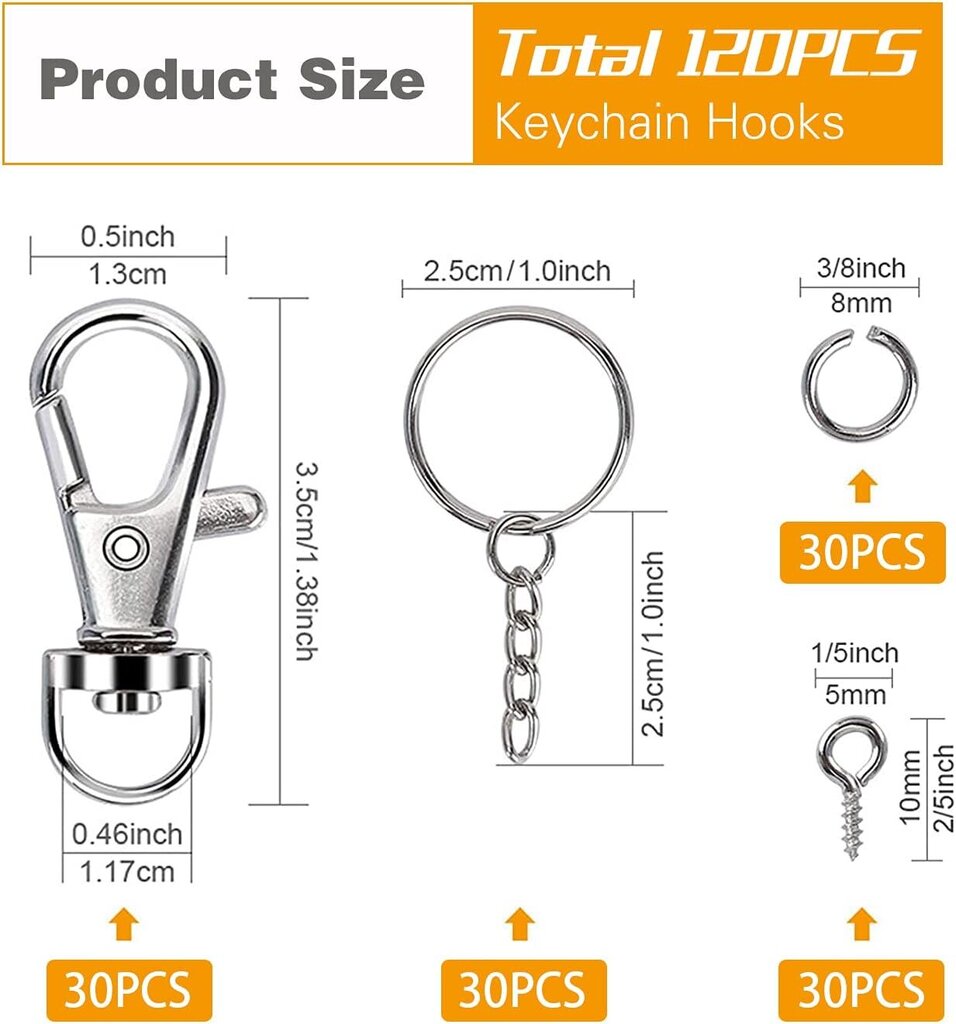 120 kpl kääntyvä koukku avaimenperärenkailla - 30 kpl kääntyvä hummerilukko, 30 kpl avaimenperät ketjulla, 30 kpl hyppyrenkaita ja 30 kpl ruuvisilmukkatappeja hinta ja tiedot | Miesten korut | hobbyhall.fi