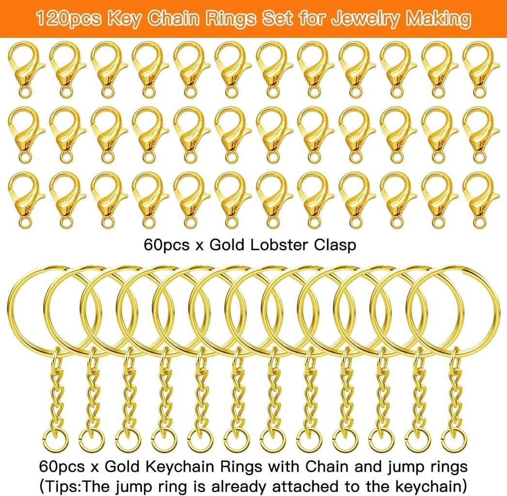 120 kpl avaimenperäsormuksia askarteluun, 60 kpl halkaistuja avaimenperät ketjulla ja hyppyrenkailla 60 kpl hummerilukitus avaimenperän tekemiseen tee-se-itse -tarvikkeita (kulta) hinta ja tiedot | Miesten korut | hobbyhall.fi