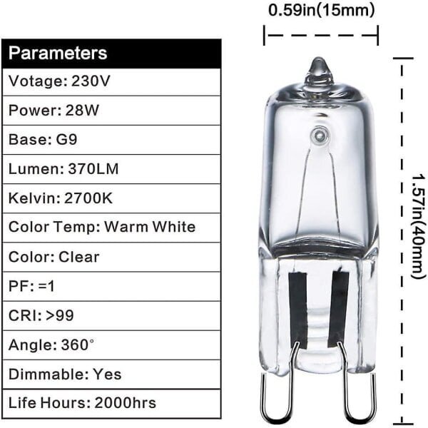 10 kpl G9 28w/40w himmennettäviä 370 lumenin C-halogeenilamppuja hinta ja tiedot | Tuuletinvalaisimet | hobbyhall.fi