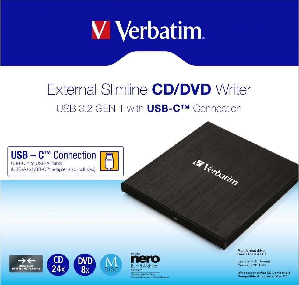 verbatim 43886, greitaveika cd(24x) dvd (8x),usb 3.2 gen1 ja usb-c hinta ja tiedot | Levyasemat | hobbyhall.fi