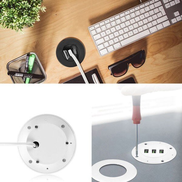 3-porttinen USB-pöytälaturi Pöytälaturiasema kiinnitetään 2,0 tuuman / 50 mm läpireikään adapterilla ja 1,5 m virtajohdolla hinta ja tiedot | Paristolaturit | hobbyhall.fi