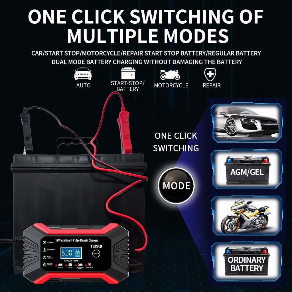 Auton akkulaturi, 12V 6A Smart Battery Trickle Charger Automotive 12V Akun ylläpito Desulfator (punainen) hinta ja tiedot | Auton akkulaturit | hobbyhall.fi