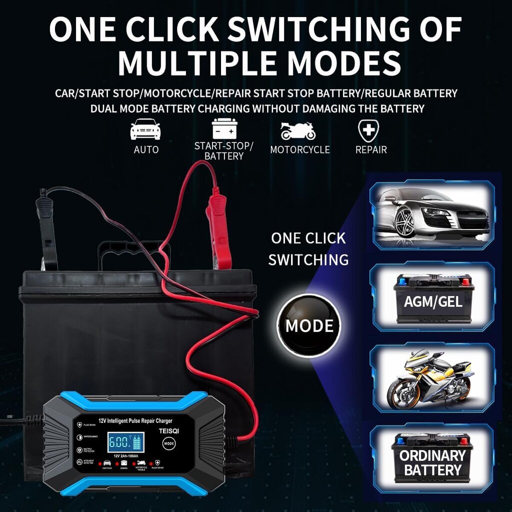 Auton akkulaturi, 12V 6A Smart Battery Trickle Charger Automotive 12V Akun ylläpito Desulfator (sininen) hinta ja tiedot | Auton akkulaturit | hobbyhall.fi