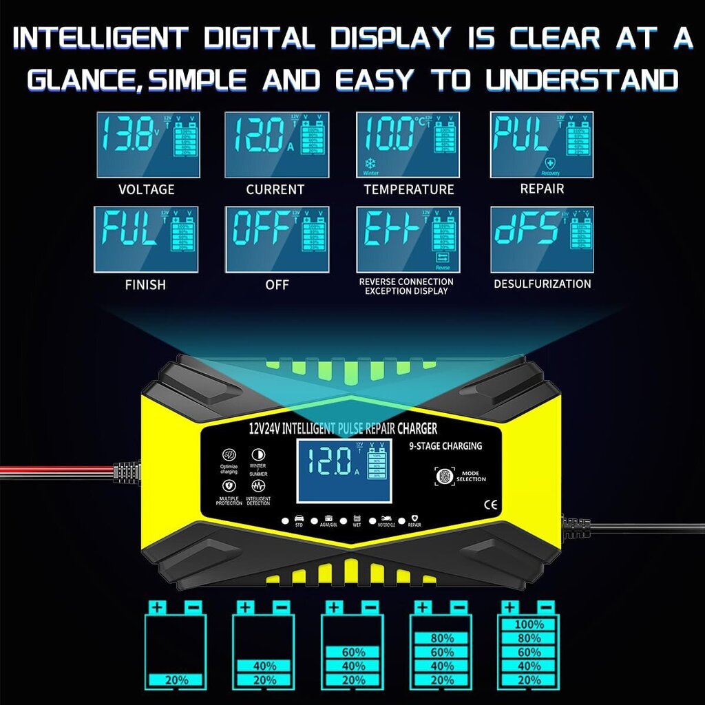 12 ampeerin auton akkulaturi, 12 V ja 24 V älykäs täysautomaattinen ylläpitovirtalaturi lämpötilan kompensoinnilla (keltainen) hinta ja tiedot | Auton akkulaturit | hobbyhall.fi