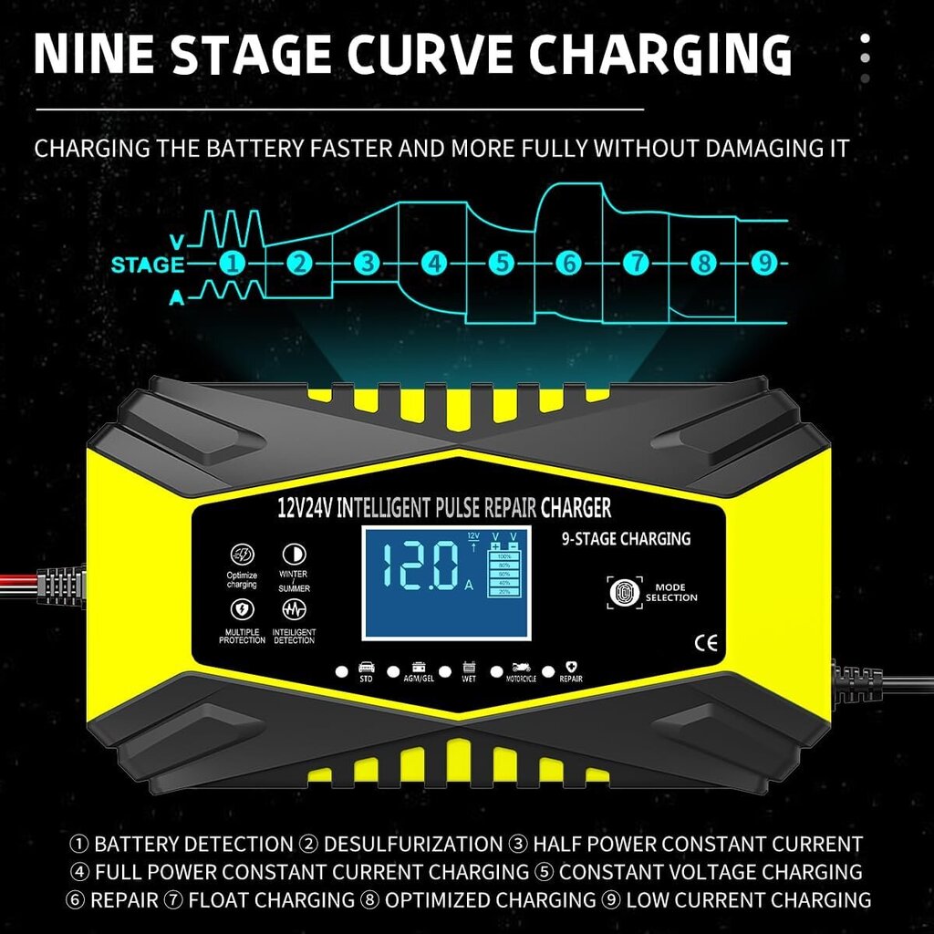 12 ampeerin auton akkulaturi, 12 V ja 24 V älykäs täysautomaattinen ylläpitovirtalaturi lämpötilan kompensoinnilla (keltainen) hinta ja tiedot | Auton akkulaturit | hobbyhall.fi