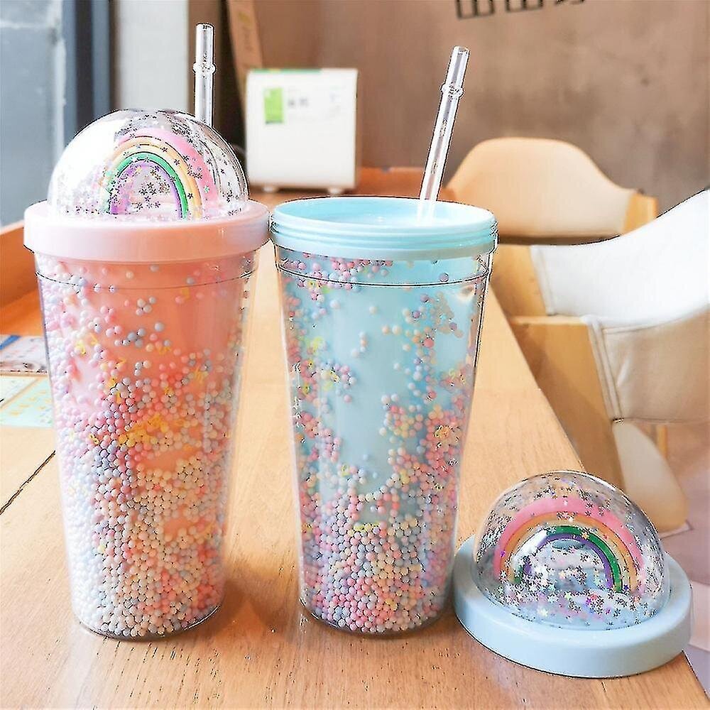 550ml sateenkaaren muovinen vesipullo kaksikerroksinen Sequins juominen kuppi olki naiset tyttö lahja sininen hinta ja tiedot | Juomapullot | hobbyhall.fi