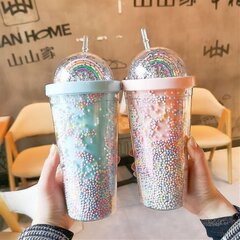 550ml sateenkaaren muovinen vesipullo kaksikerroksinen Sequins juominen kuppi olki naiset tyttö lahja sininen hinta ja tiedot | Juomapullot | hobbyhall.fi