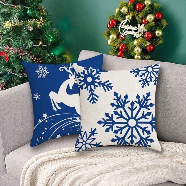 Pack Christmas Tyynyliina, Koristetyynyliina Puuvilla Pellava Puu Snowflake Pure Koristetyynyliina 18 x 18 tuumaa, sininen hinta ja tiedot | Joulukoristeet | hobbyhall.fi