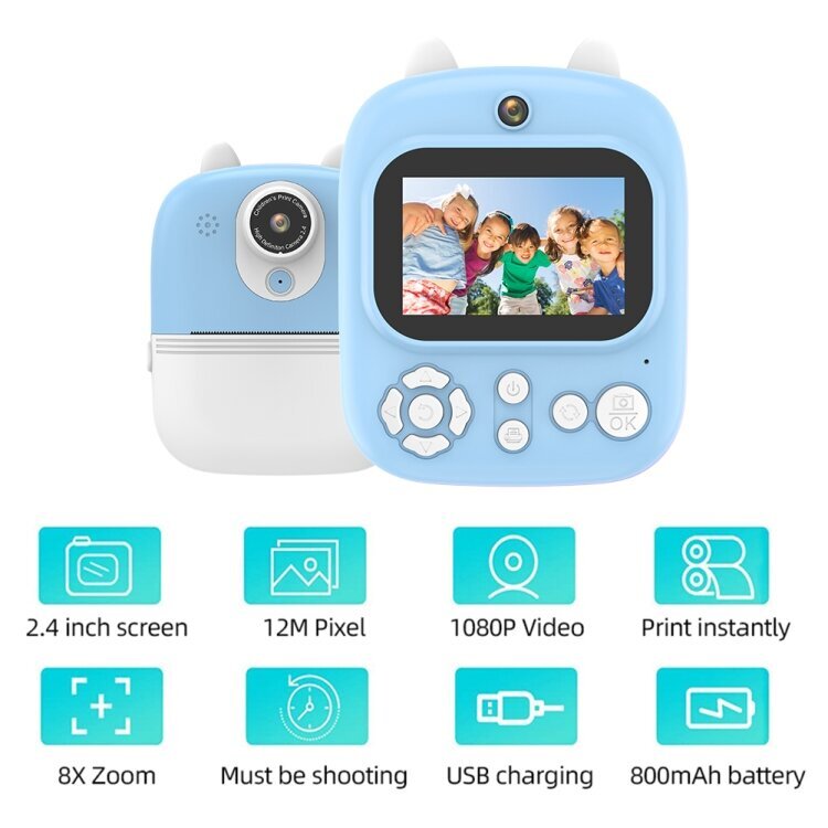 1200 W Pixel 2,4 tuuman Display Children Print Instant Camera Standard Pink hinta ja tiedot | Kamerat | hobbyhall.fi