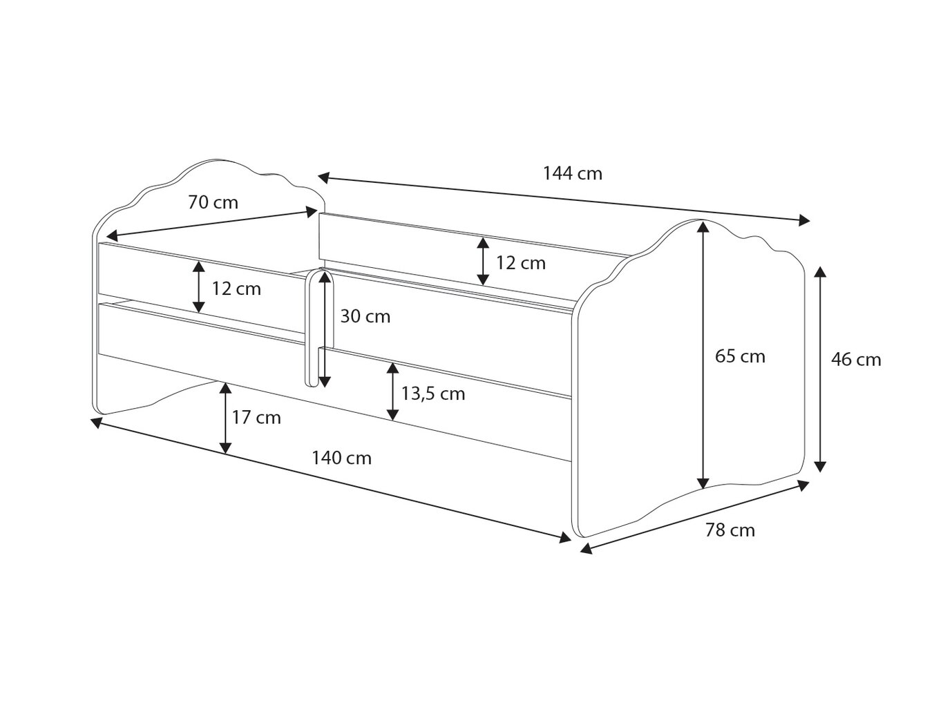 Lasten sänky irrotettavalla suojalla ADRK Furniture Casimo White, 70X140 cm hinta ja tiedot | Lastensängyt | hobbyhall.fi