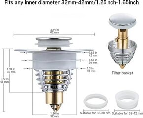 Universaali pesualtaan tyhjennys, parannettu tyhjennystulppa, vedettävä pesualtaan tyhjennys, nopeuttaa tyhjennystä ilman tukkeutumista, kylpyammeeseen, keittiöön, pesuallas (tyhjennysreikä 32-42 mm) hinta ja tiedot | Keittiökalusteiden lisätarvikkeet | hobbyhall.fi