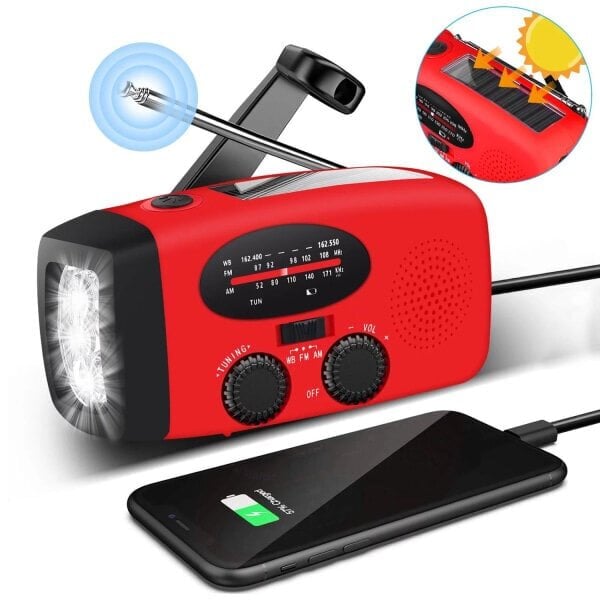 Kampiradio aurinkokennoilla, taskulampulla ja 2000 mAh Powerbank SOS Red hinta ja tiedot | Kelloradiot ja herätyskellot | hobbyhall.fi