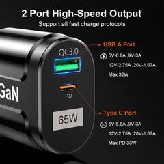 Black Style 65W GaN USB Laturi EU Plug Pikalataus Tabletti Kannettava USB C Quick Charge QC 3.0 Matkapuhelimen laturi Travel hinta ja tiedot | Paristolaturit | hobbyhall.fi