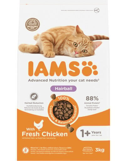 IAMS For Vitality Adult Hairball kanan kanssa, 3 kg hinta ja tiedot | Kissan kuivaruoka | hobbyhall.fi