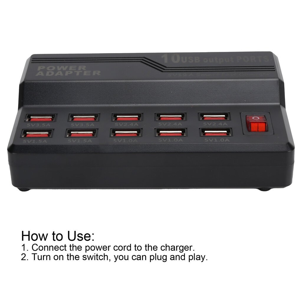 USB Smart Charger 10?Portit 12A Pikalatausasema Power Hub Strip Plug Dock Lock 100?240V hinta ja tiedot | Puhelimen laturit | hobbyhall.fi