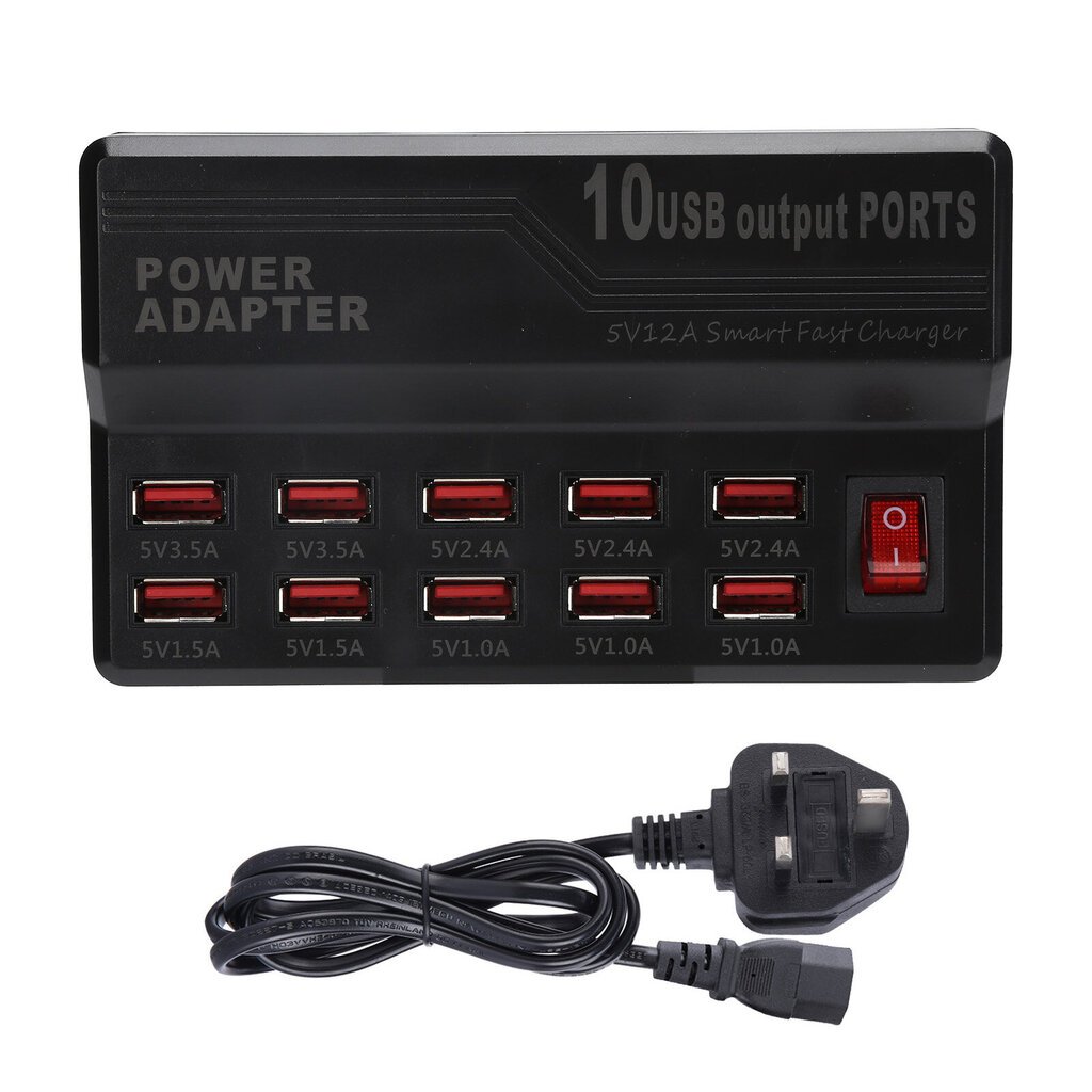 USB Smart Charger 10?Portit 12A Pikalatausasema Power Hub Strip Plug Dock Lock 100?240V hinta ja tiedot | Puhelimen laturit | hobbyhall.fi