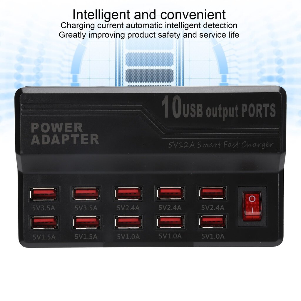 USB Smart Charger 10?Portit 12A Pikalatausasema Power Hub Strip Plug Dock Lock 100?240V hinta ja tiedot | Puhelimen laturit | hobbyhall.fi