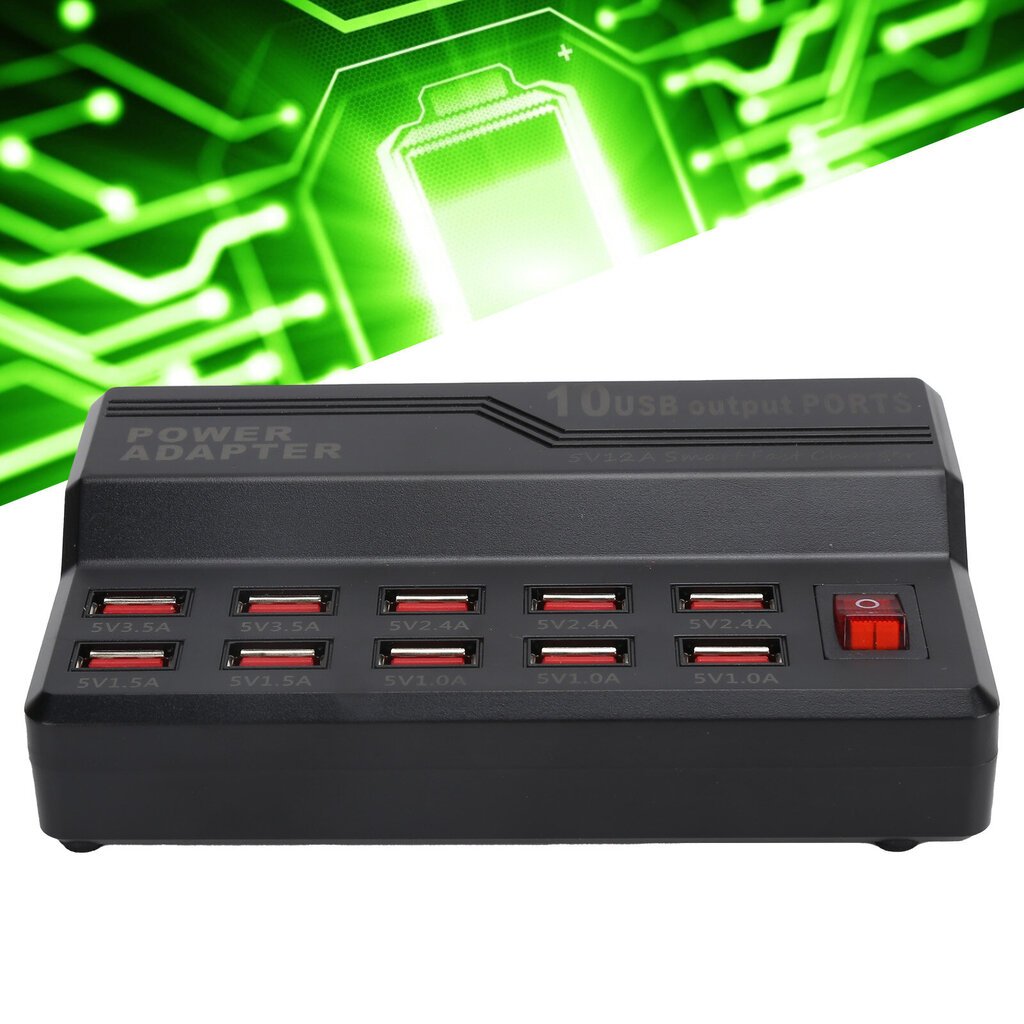 USB Smart Charger 10?Portit 12A Pikalatausasema Power Hub Strip Plug Dock Lock 100?240V hinta ja tiedot | Puhelimen laturit | hobbyhall.fi