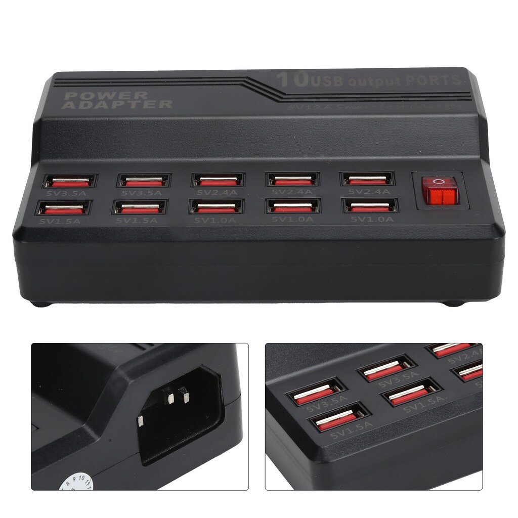 USB Smart Charger 10?Portit 12A Pikalatausasema Power Hub Strip Plug Dock Lock 100?240V hinta ja tiedot | Puhelimen laturit | hobbyhall.fi