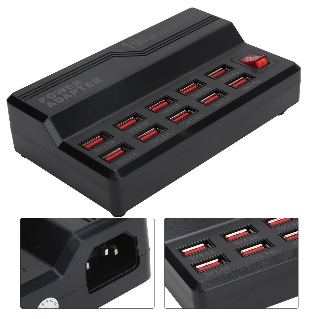 USB Smart Charger 10?Portit 12A Pikalatausasema Power Hub Strip Plug Dock Lock 100?240V hinta ja tiedot | Puhelimen laturit | hobbyhall.fi