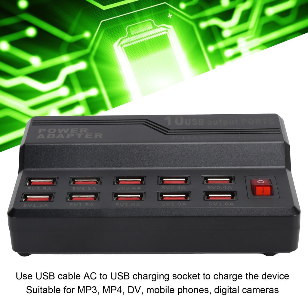 USB Smart Charger 10?Portit 12A Pikalatausasema Power Hub Strip Plug Dock Lock 100?240V hinta ja tiedot | Puhelimen laturit | hobbyhall.fi