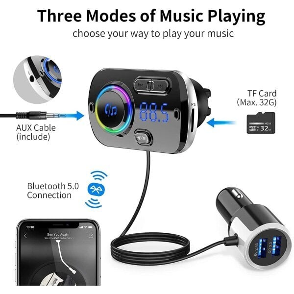 Langaton FM-lähetin autoon Bluetooth 5.0 QC3 hinta ja tiedot | Mikrokontrollerit | hobbyhall.fi