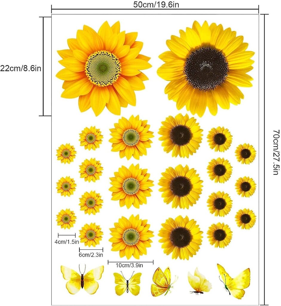 Taustakuva, 27 kpl auringonkukkaseinätarrat, 3D-perhostarrat makuuhuoneen/keittiön sisustukseen hinta ja tiedot | Tapetit | hobbyhall.fi