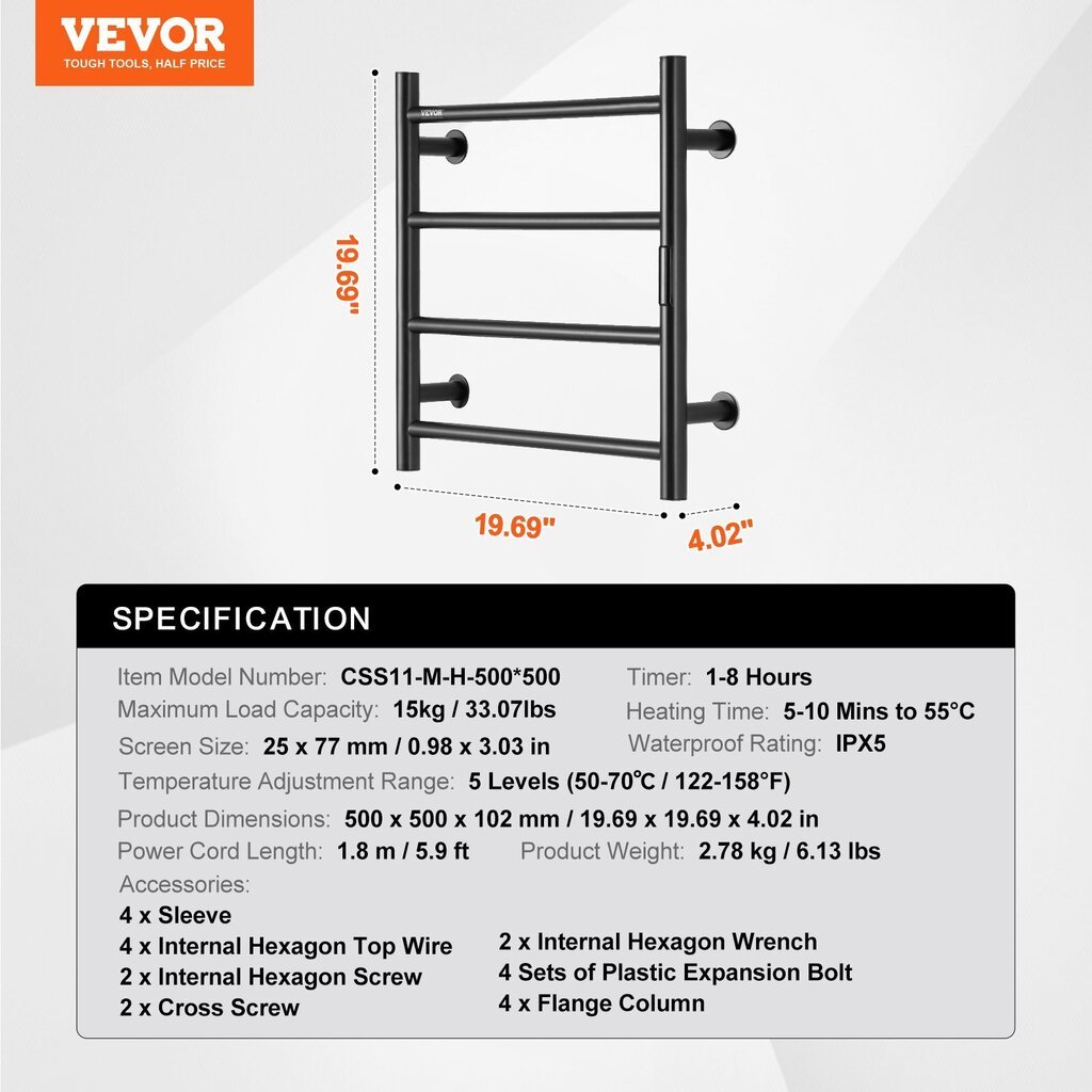 Sähkölämmitettävä pyyheteline Vevor, 50x50x10 cm hinta ja tiedot | Kylpyhuoneen patterit ja pyyhekuivaimet | hobbyhall.fi