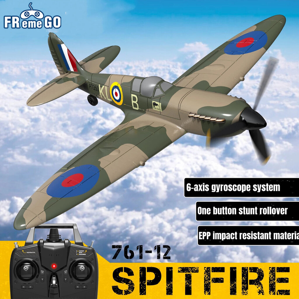 Spitfire RC -lentokone 2.4G 4CH kauko-ohjaintaso EPP 400mm siipiväli 6-akselinen 761-12 Spitfire RC Warbird Mini Plane RTF hinta ja tiedot | Pienoismallit | hobbyhall.fi