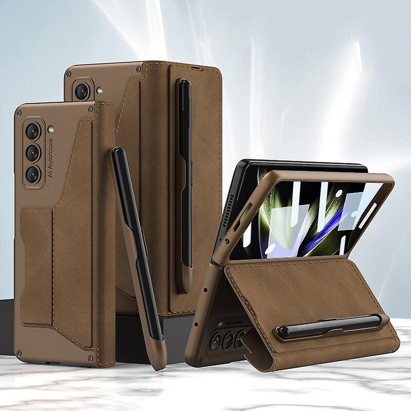 Ruskea Gkk Armor Flip -Nahkakotelo, Joka On Yhteensopiva Samsung Galaxy Z Fold5:N Kanssa hinta ja tiedot | Puhelimen kuoret ja kotelot | hobbyhall.fi