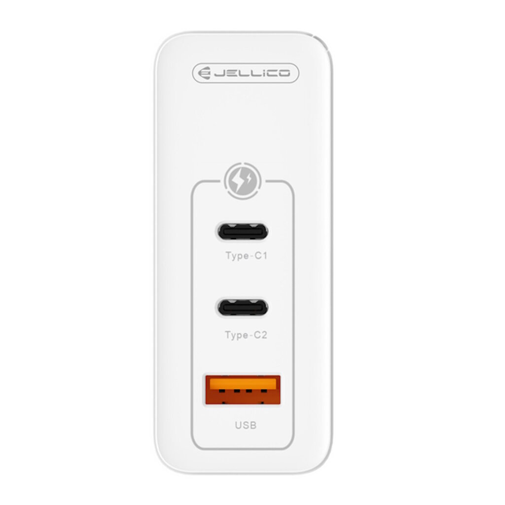 Jellico C118 GaN 100W PD Universaali älylaitteiden & kannettavan tietokoneen laturi 2x USB-C / USB Valkoinen hinta ja tiedot | Puhelimen laturit | hobbyhall.fi