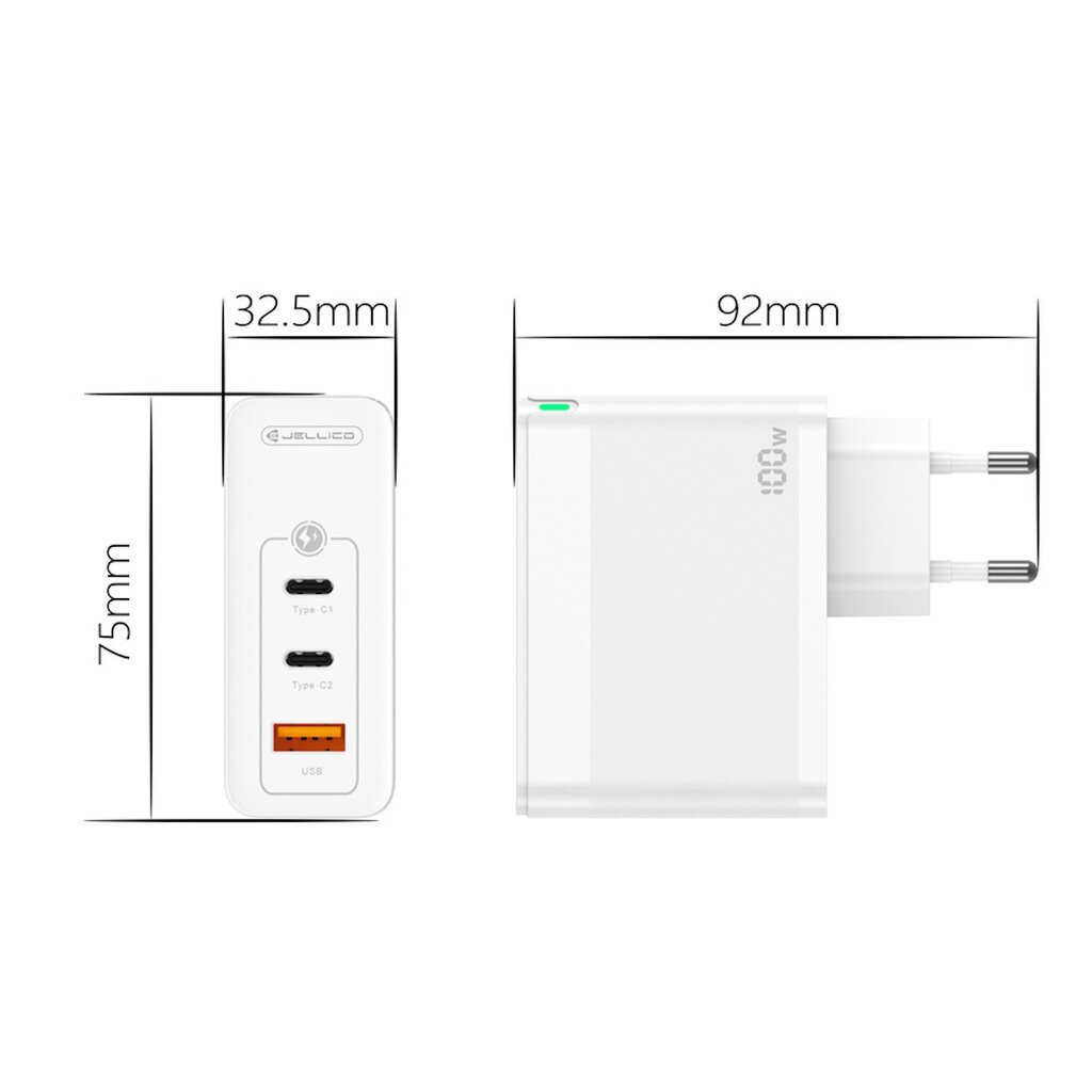 Jellico C118 GaN 100W PD Universaali älylaitteiden & kannettavan tietokoneen laturi 2x USB-C / USB Valkoinen hinta ja tiedot | Puhelimen laturit | hobbyhall.fi