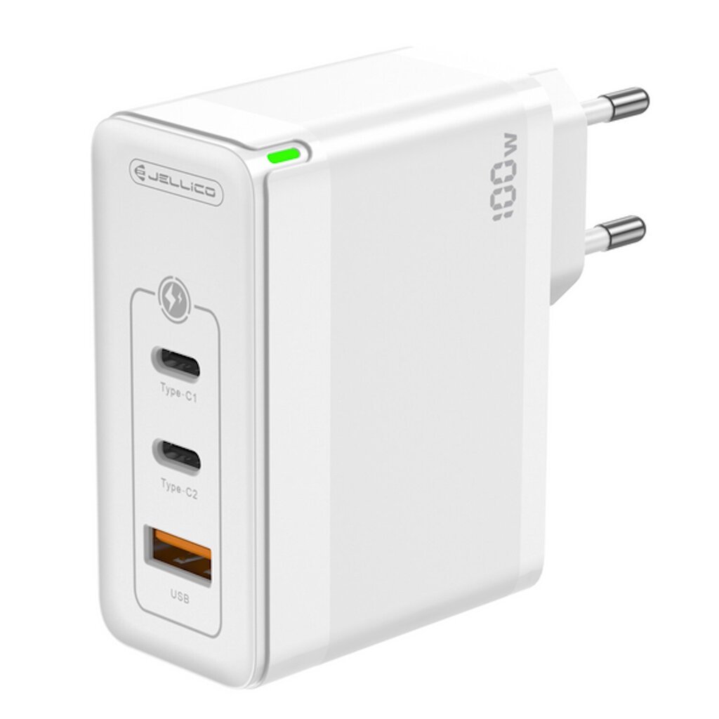 Jellico C118 GaN 100W PD Universaali älylaitteiden & kannettavan tietokoneen laturi 2x USB-C / USB Valkoinen hinta ja tiedot | Puhelimen laturit | hobbyhall.fi