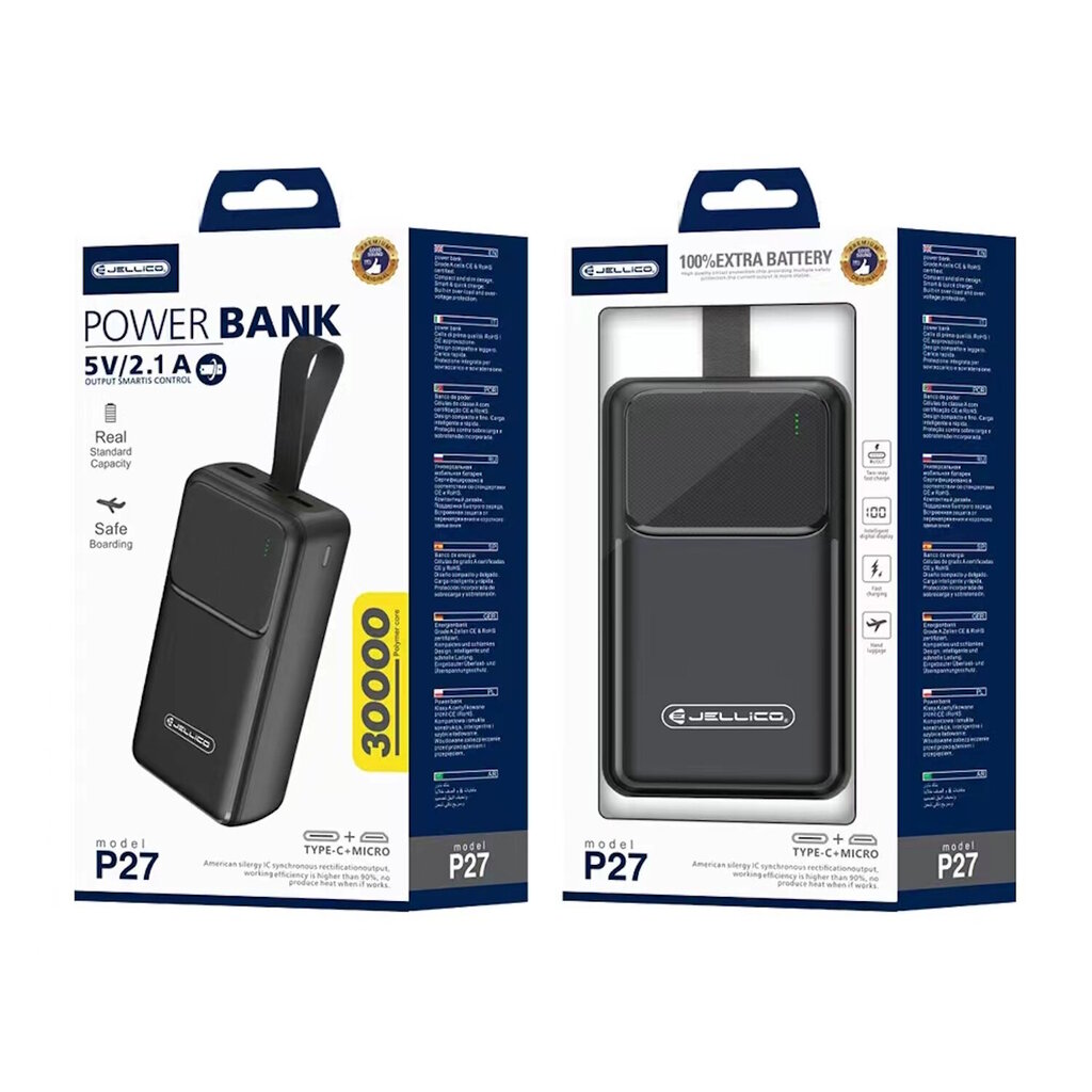 Jellico P27 30000 mAh virtapankkilaturi 2x USB 5V 2.1A 10.5W / Micro & USB-C Input Black hinta ja tiedot | Varavirtalähteet | hobbyhall.fi