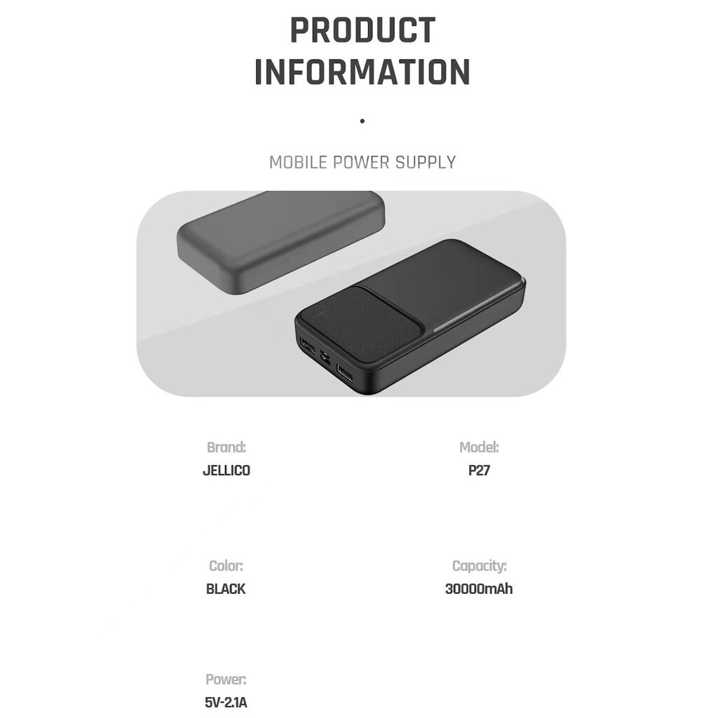 Jellico P27 30000 mAh virtapankkilaturi 2x USB 5V 2.1A 10.5W / Micro & USB-C Input Black hinta ja tiedot | Varavirtalähteet | hobbyhall.fi