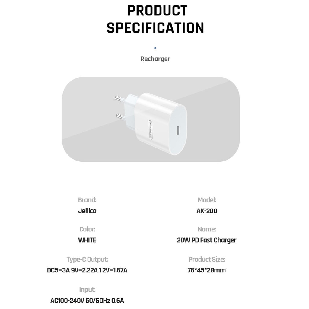 Jellico AK-200 PD 20W Älykäs iPhone & iPad Yleinen Nopea Laturi 1x USB-C (5-12V) Valkoinen hinta ja tiedot | Puhelimen laturit | hobbyhall.fi