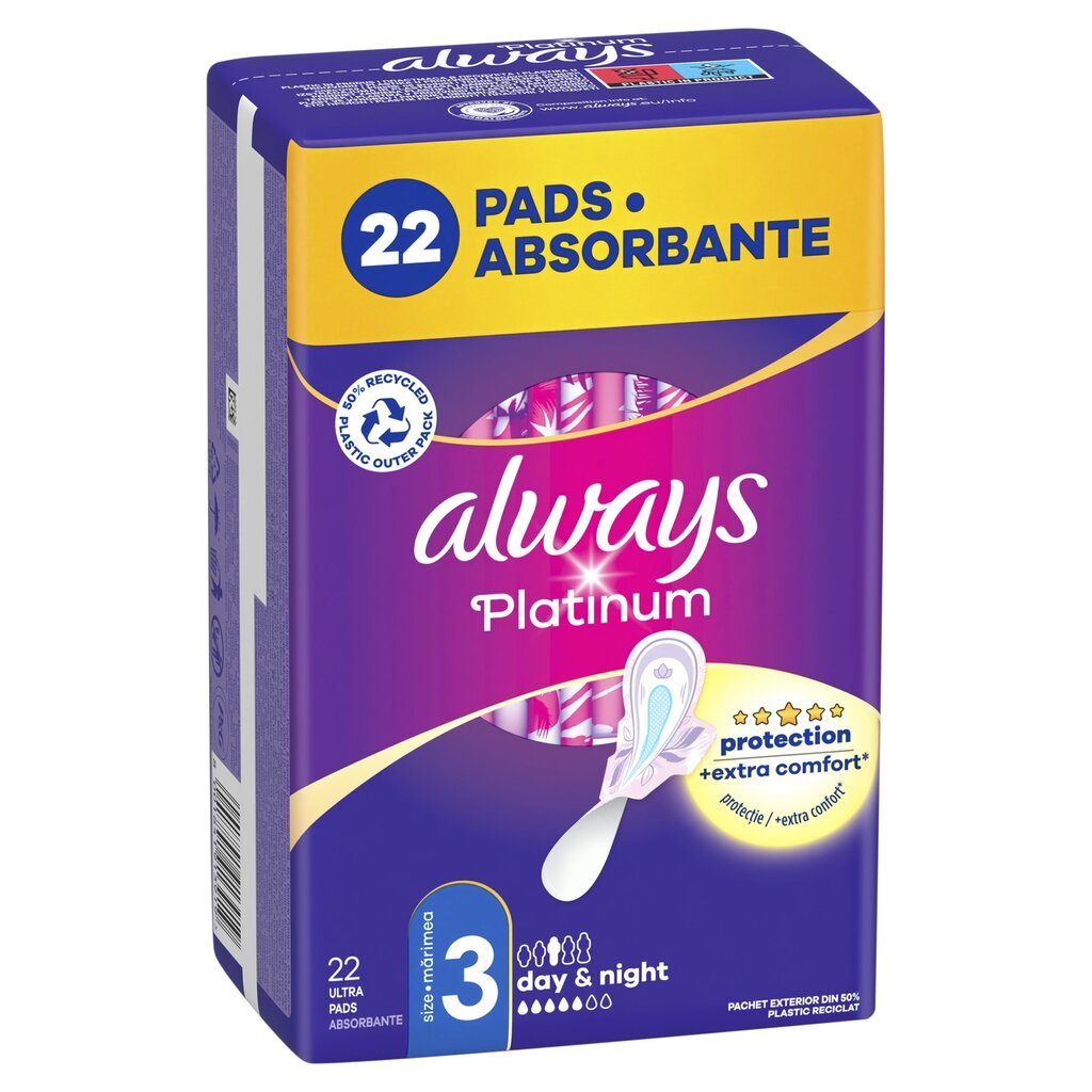 Terveyssiteet Always Platinum Size 3, Day & Night, 22 kpl. hinta ja tiedot | Tamponit ja terveyssiteet | hobbyhall.fi